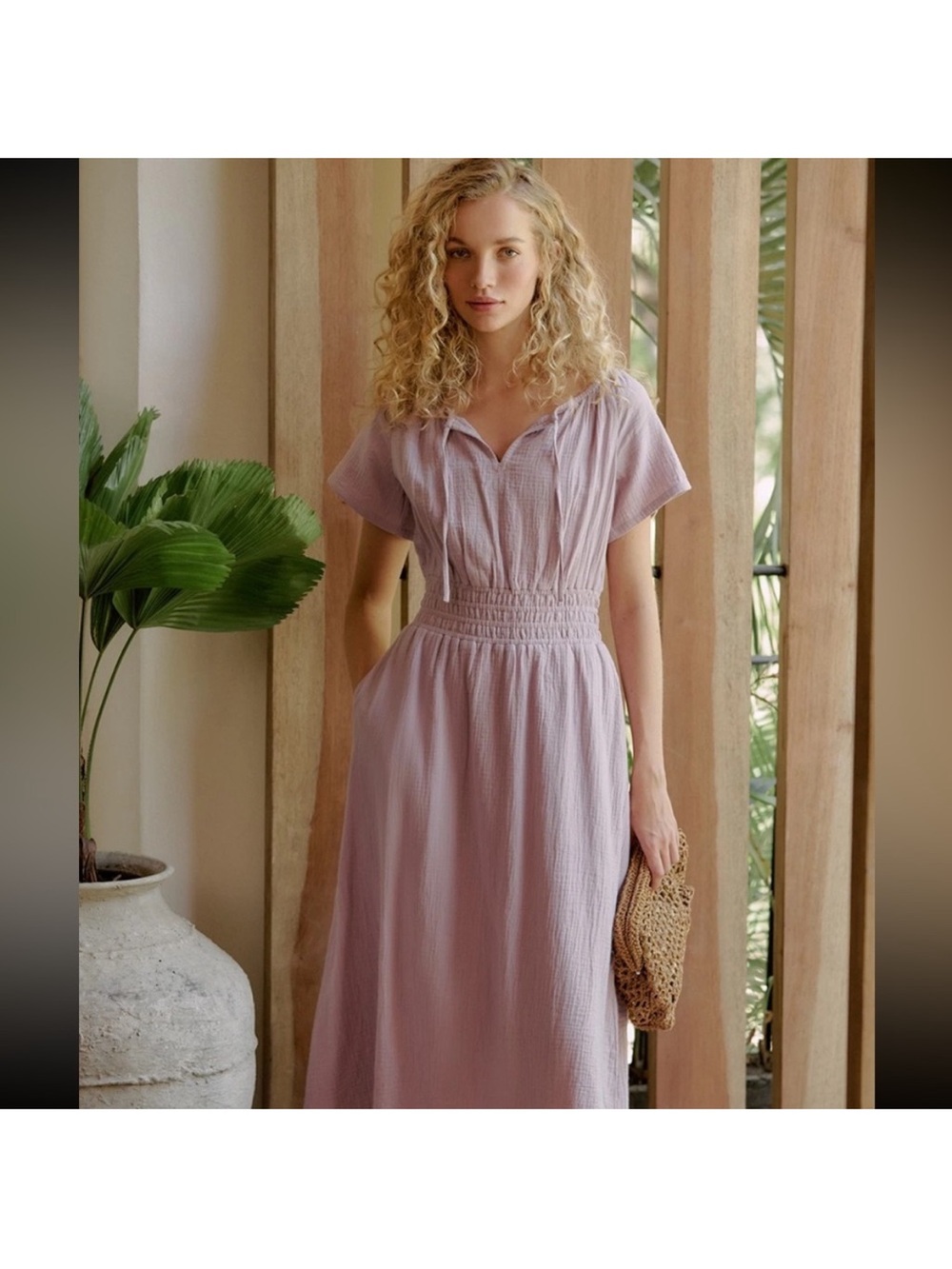 Pact Coastal Double Gauze Boho Midi Dress Cotton in Lavender Haze